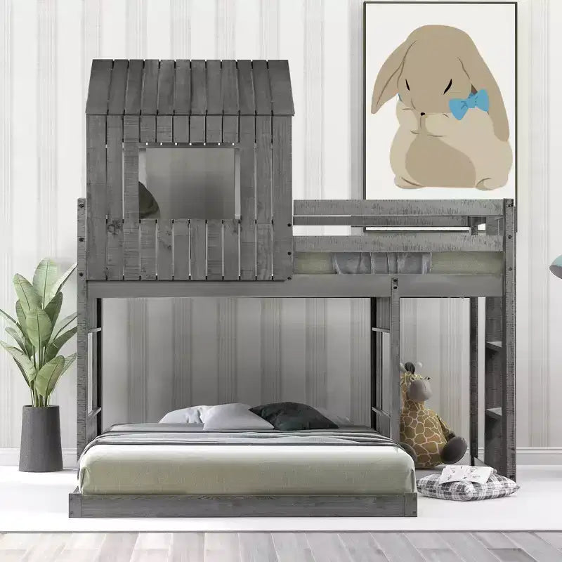 Letto a castello in legno con tetto, doppio su piazza e struttura a casetta per bambini