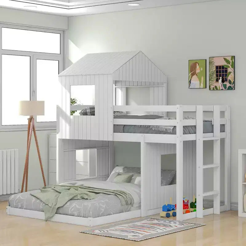 Letto a castello in legno con tetto, doppio su piazza e struttura a casetta per bambini