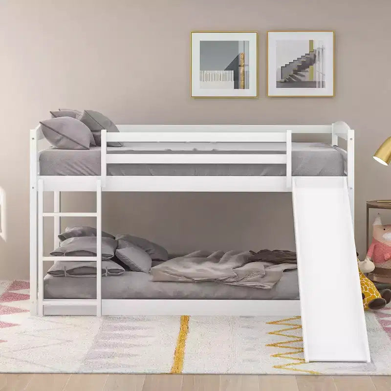 Letto a castello basso con scivolo, letto a castello singolo su singolo con scivolo e scaletta convertibili, struttura letto a castello a pavimento per bambini