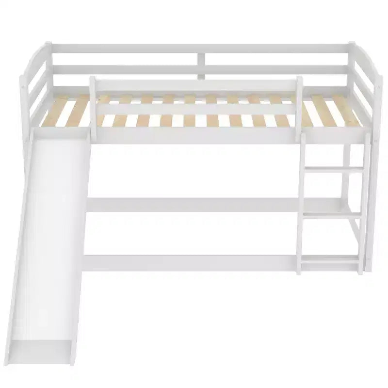 Letto a castello basso con scivolo, letto a castello singolo su singolo con scivolo e scaletta convertibili, struttura letto a castello a pavimento per bambini