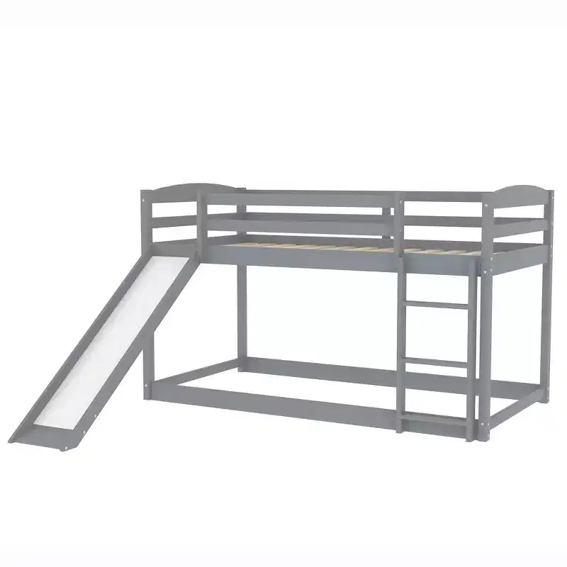 Letto a castello basso con scivolo, letto a castello singolo su singolo con scivolo e scaletta convertibili, struttura letto a castello a pavimento per bambini