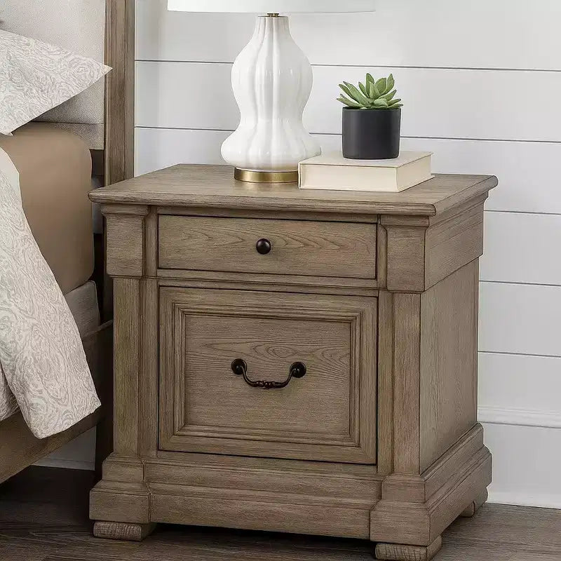 Comodino, 2 Cassetti, Legno Massello Grigio Anticato, 71 cm