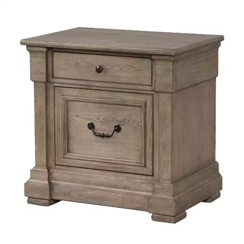 Comodino, 2 Cassetti, Legno Massello Grigio Anticato, 71 cm