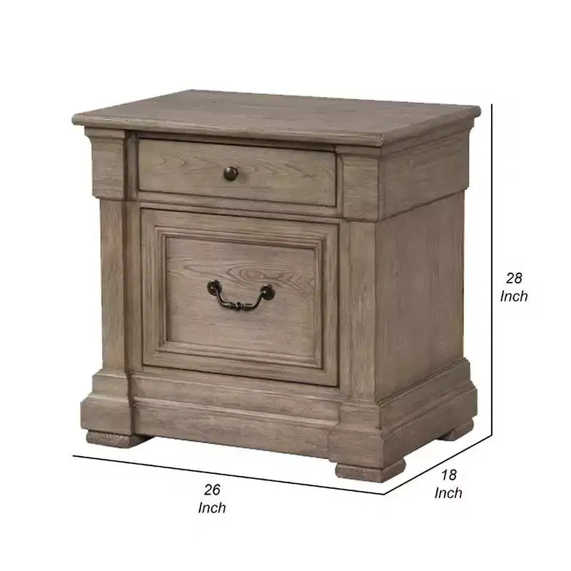 Comodino, 2 Cassetti, Legno Massello Grigio Anticato, 71 cm