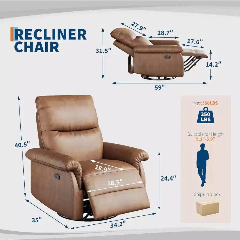 Poltrona reclinabile manuale, sedia da allattamento girevole a 360° con braccioli imbottiti e seduta profonda, poltrona reclinabile moderna rivestita in pelle PU