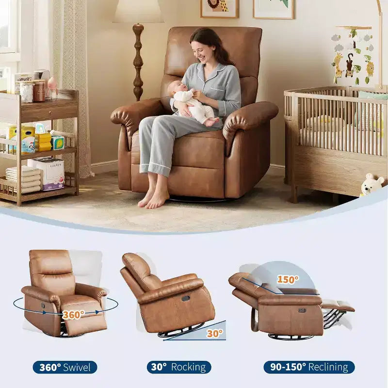 Poltrona reclinabile manuale, sedia da allattamento girevole a 360° con braccioli imbottiti e seduta profonda, poltrona reclinabile moderna rivestita in pelle PU