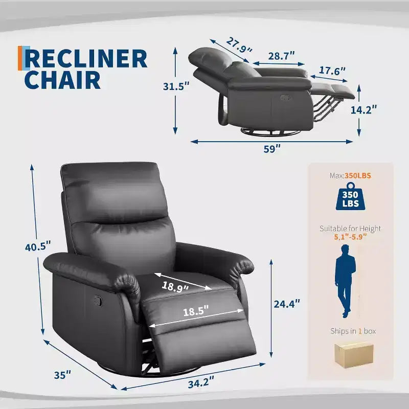 Poltrona reclinabile manuale, sedia da allattamento girevole a 360° con braccioli imbottiti e seduta profonda, poltrona reclinabile moderna rivestita in pelle PU