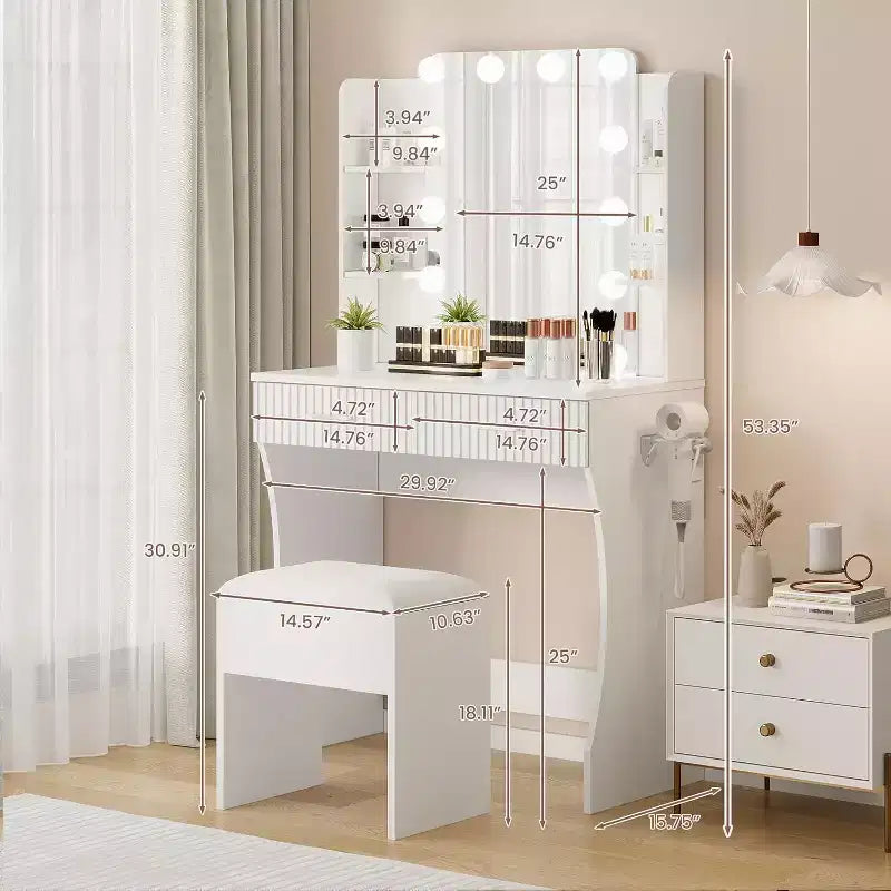 Tavolo da trucco con specchio e 12 luci LED, toeletta bianca con presa di corrente, moderno mobile da trucco per camera da letto