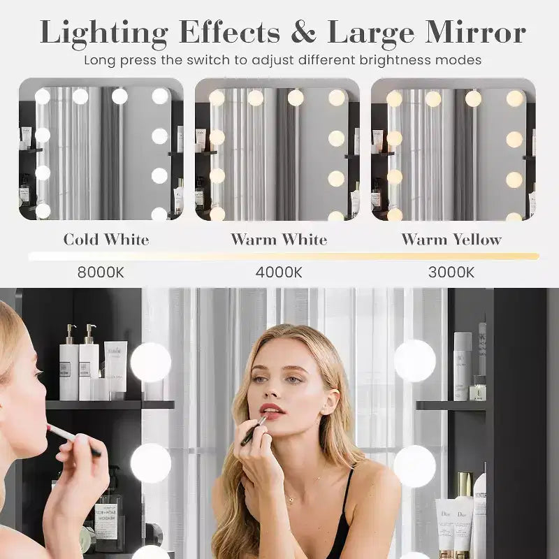 Tavolo da trucco con specchio e 12 luci LED, toeletta bianca con presa di corrente, moderno mobile da trucco per camera da letto