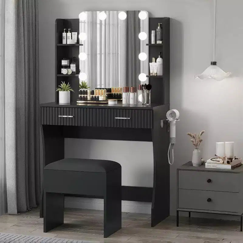 Tavolo da trucco con specchio e 12 luci LED, toeletta bianca con presa di corrente, moderno mobile da trucco per camera da letto