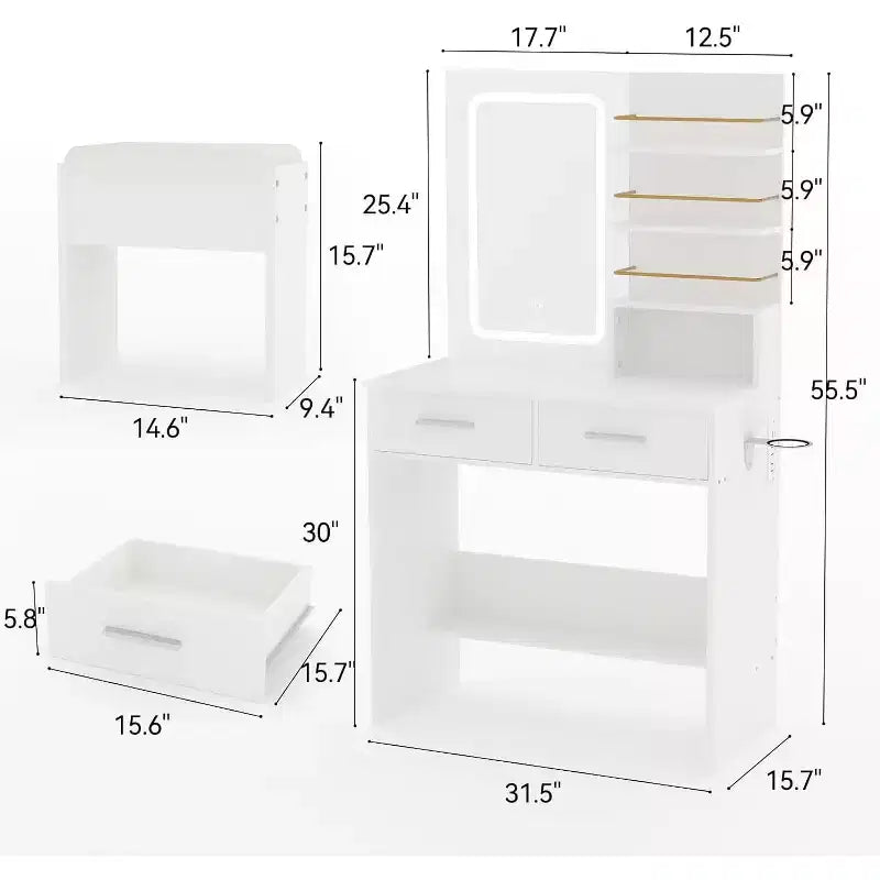 Toeletta con specchio e luci, tavolo da trucco con cassetti e ripiani, mobiletto e sgabello imbottito, per la camera da letto