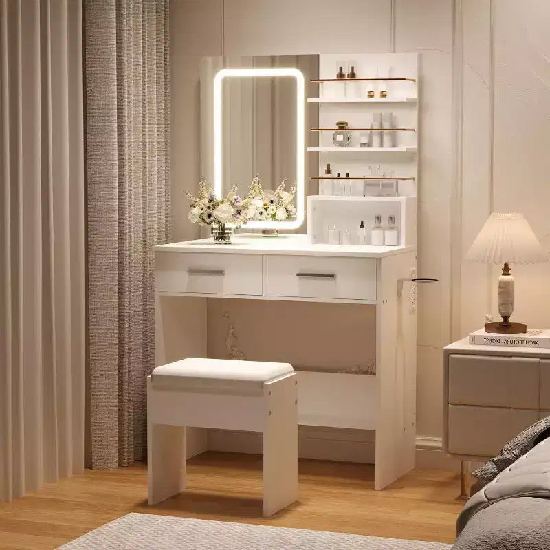 Toeletta con specchio e luci, tavolo da trucco con cassetti e ripiani, mobiletto e sgabello imbottito, per la camera da letto