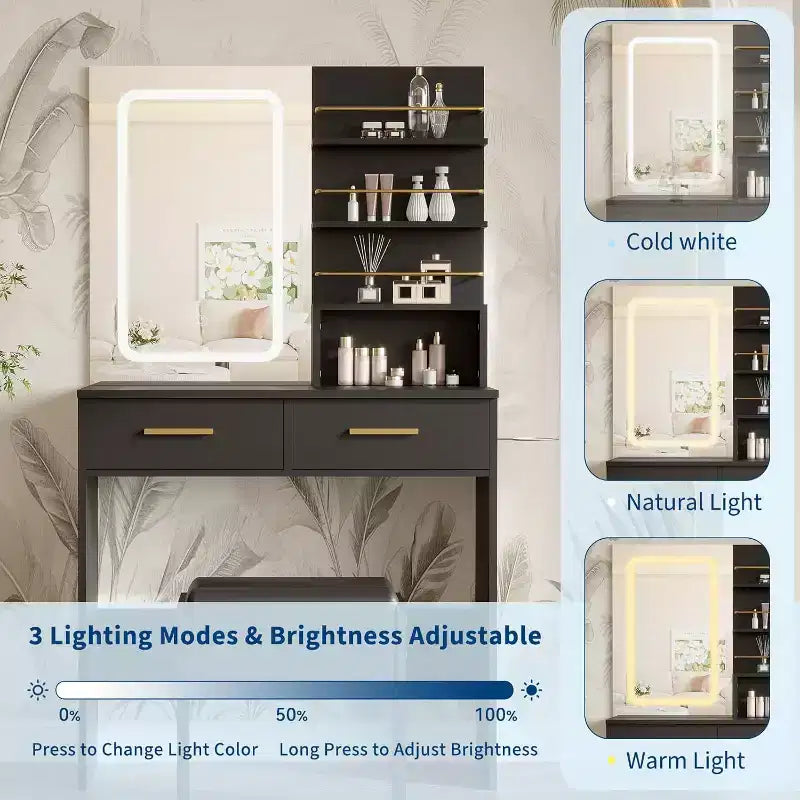 Toeletta con specchio e luci, tavolo da trucco con cassetti e ripiani, mobiletto e sgabello imbottito, per la camera da letto