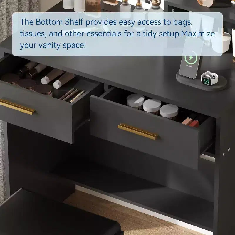 Toeletta con specchio e luci, tavolo da trucco con cassetti e ripiani, mobiletto e sgabello imbottito, per la camera da letto