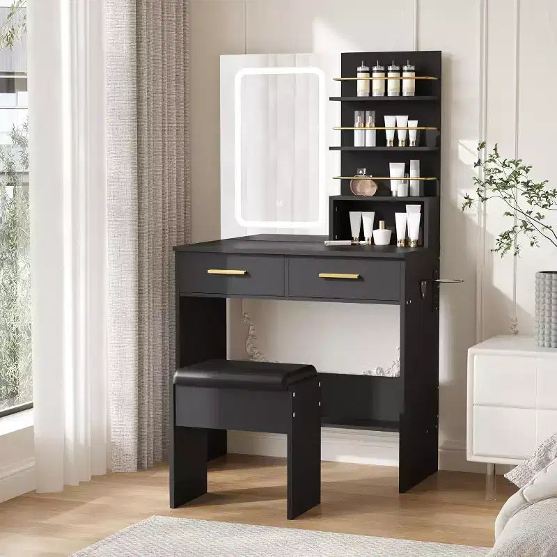 Toeletta con specchio e luci, tavolo da trucco con cassetti e ripiani, mobiletto e sgabello imbottito, per la camera da letto