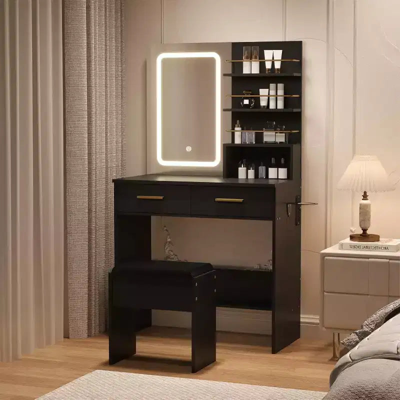 Toeletta con specchio e luci, tavolo da trucco con cassetti e ripiani, mobiletto e sgabello imbottito, per la camera da letto