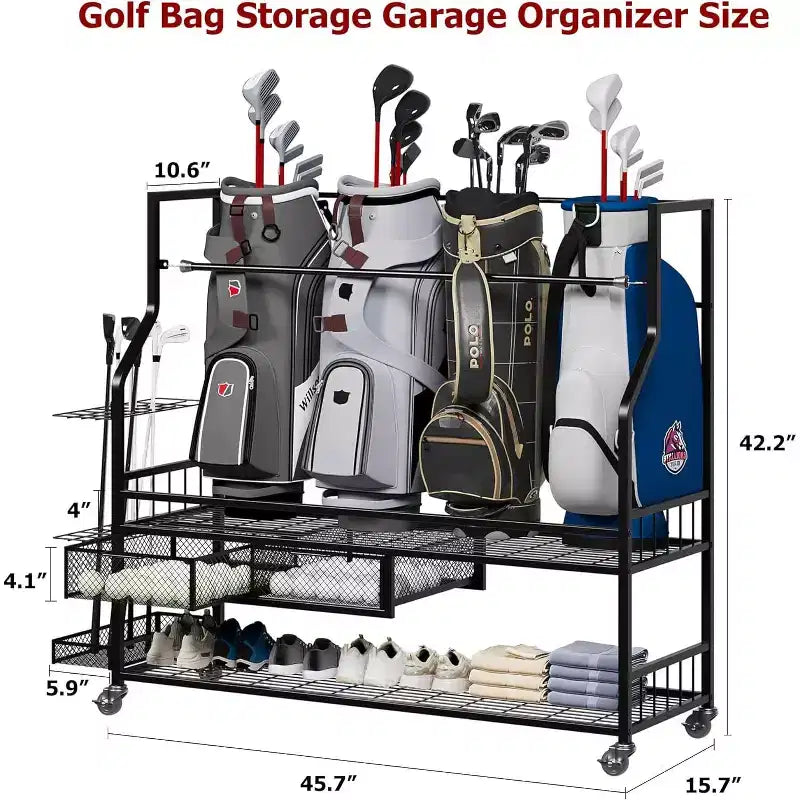 COZONY Organizer per Attrezzatura da Golf da Garage, Contiene 4 Sacche da Golf, Mazze e Accessori, con 4 Ruote, Cassetti per Scarpe e Attrezzatura, Ideale per Garage