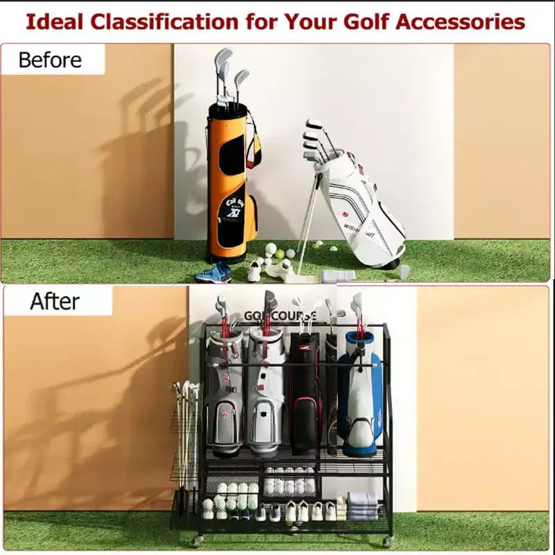 COZONY Organizer per Attrezzatura da Golf da Garage, Contiene 4 Sacche da Golf, Mazze e Accessori, con 4 Ruote, Cassetti per Scarpe e Attrezzatura, Ideale per Garage